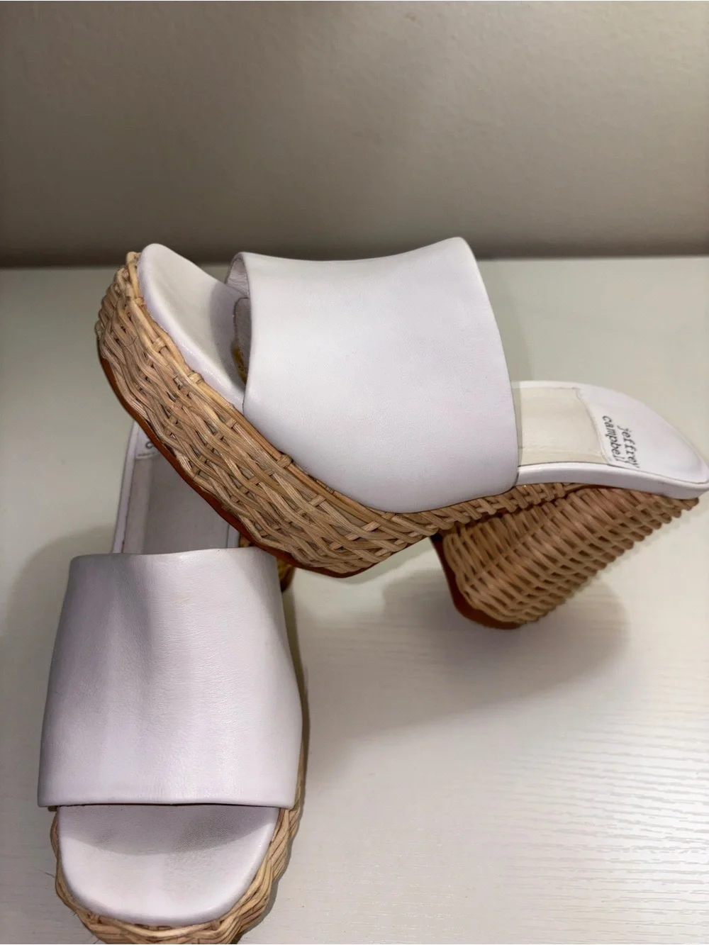 Jeffrey Campbell White Leather Slide Platforms with Woven Rattan Heel